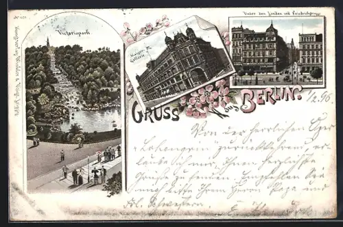 Lithographie Berlin, Victoriapark mit Wasserfall u. Passanten, Kaiser-Galerie