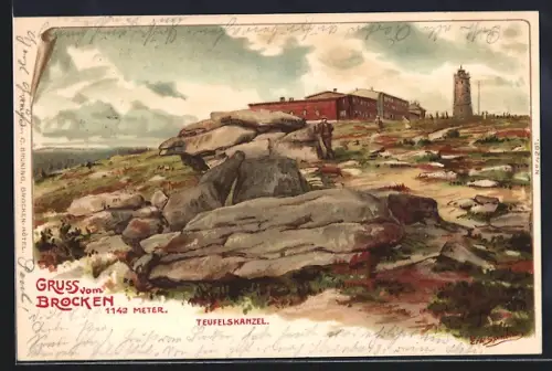 Künstler-AK Erwin Spindler: Brocken, Teufelskanzel mit Gebäude u. Turm