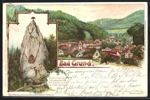 Lithographie Bad Grund, Denkmal Kaiser Wilhelm I, Totalansicht
