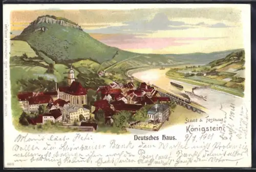 Lithographie Königstein / Elbe, Ortsansicht aus der Vogelschau