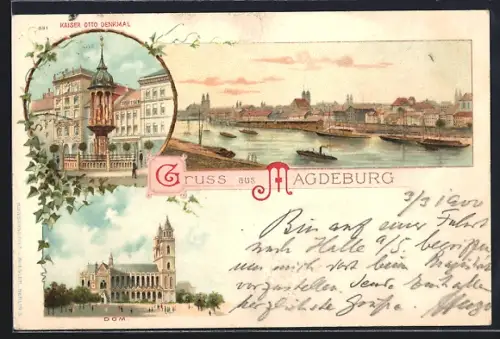 Lithographie Magdeburg, Kaiser Otto Denkmal, Dom, Dampfer
