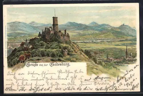 Lithographie Godesberg, Godesburg, Blick durch das Siebengebirge