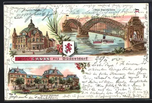Lithographie Düsseldorf, Apollo-Theater, Central-Bahnhof, Neue Rheinbrücke