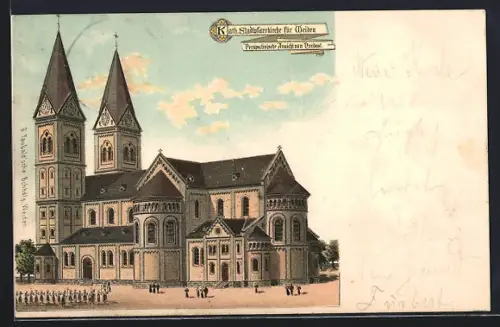 Lithographie Weiden / Oberpfalz, Kath. Stadtpfarrkirche von Nordost, mit Prozession