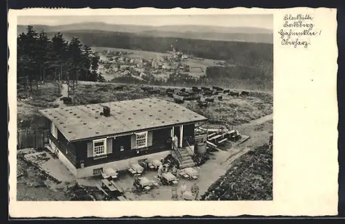 AK Hahnenklee /Harz, Gaststätte Blockhütte Bocksberg und Ort aus der Vogelschau