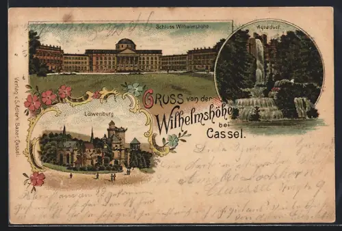 Lithographie Kassel, Schloss Wilhelmshöhe, Aquaduct, Löwenburg
