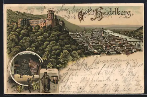 Lithographie Heidelberg, Teilansicht, Das grosse Fass, Perkeo