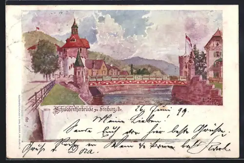 Künstler-AK Ludwig Zorn: Freiburg i. Br., Schwabenthorbrücke mit Türmen u. Uferpromenade