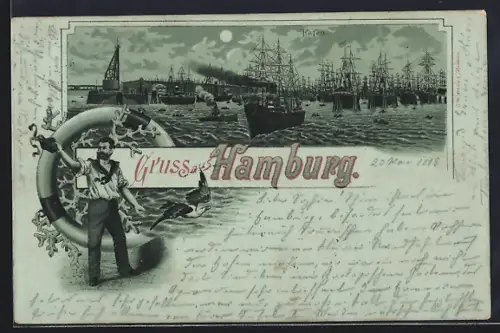 Mondschein-Lithographie Hamburg, Hafenpanorama mit Schiffen, Matrose, Möwe, Rettungsring