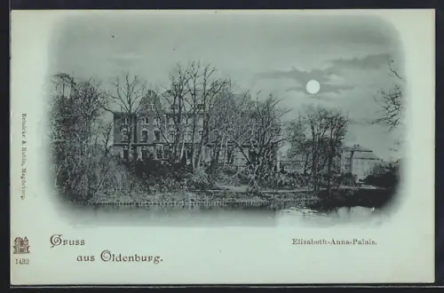 Mondschein-AK Oldenburg / O., Elisabeth-Anna-Palais, Ansicht vom Wasser