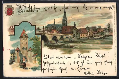 Lithographie Regensburg, Cisten-Thor, Brücke mit Fluss