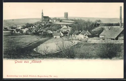 AK Abbach, Gesamtansicht mit Kirche, Turm und Fabrikschlot aus der Vogelschau