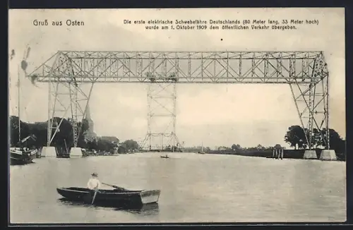 AK Osten, Die erste elektrische Schwebefähre Deutschlands wurde am 1.10.1909 dem öffentlichen Verkehr übergeben