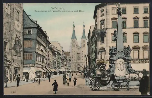 AK Würzburg, Domstrasse mit Geschäften, Vierröhrenbrunnen und Dom