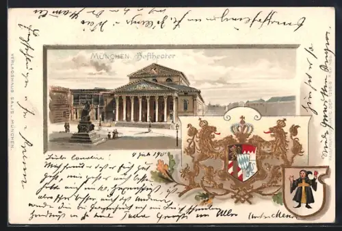 Passepartout-Lithographie München, Ansicht vom Hoftheater, Wappen
