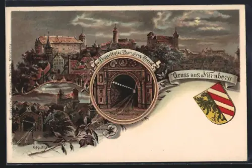 AK Nürnberg, Schloss mit den Burgbergtunnel und Wappen