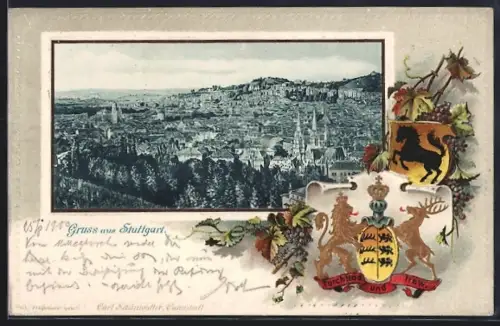 Passepartout-Lithographie Stuttgart, Totalansicht aus der Vogelschau, Wappen