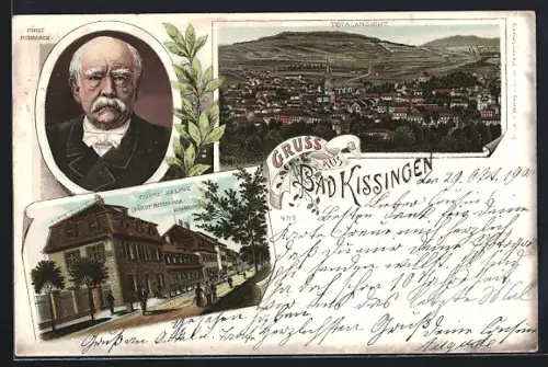 Lithographie Bad Kissingen, Obere Saline von Bismarck die Wohnung, Porträtbild von Fürst Bismarck, Totalansicht