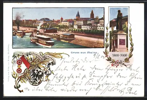 AK Mainz, Uferpartie mit angelegten Dampfschiffen, Denkmal, Passepartout mit Wappen