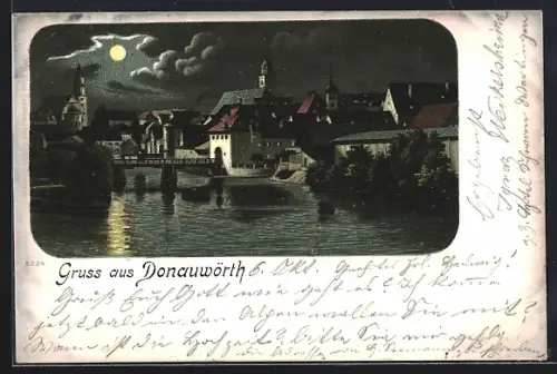 AK Donauwörth, Flusspartie mit Brücke bei Nacht