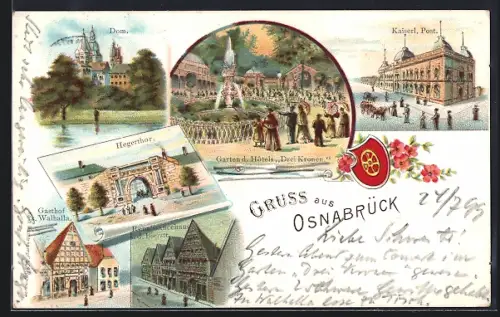 Lithographie Osnabrück, Garten vom Hotel Drei Kronen, Gasthof Walhalla, Kaiserl. Post
