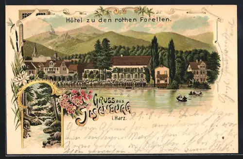 Lithographie Ilsenburg /Harz, Hotel zu den rothen Forellen, Wasserfall