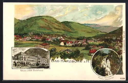 AK Bad Harzburg, neues städtisches Badehaus, Radau-Wasserfall und Gesamtansicht