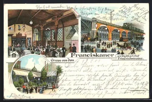 Lithographie Berlin, Franciskaner am Bahnhof Friedrichstrasse, Inneres und Vorplatz mit Kutschen