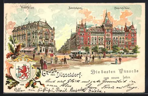 Lithographie Düsseldorf, Der Bahnhofsplatz mit Hotel Bristol und dem Bahnhofs Hotel
