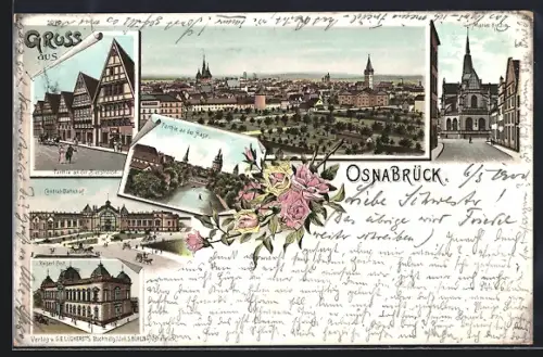Lithographie Osnabrück, Marienkirche, Centralbahnhof, Rathaus, Blick an der Hase
