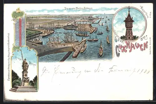 Lithographie Cuxhaven, Die neuen Hafen-Anlagen, Krieger-Denkmal, Wasserturm
