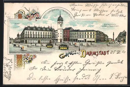Lithographie Darmstadt, Ernst-Ludwigsplatz mit dem weissen Turm und Strassenbahn, Rheinstrasse u. Ludwigsmonument