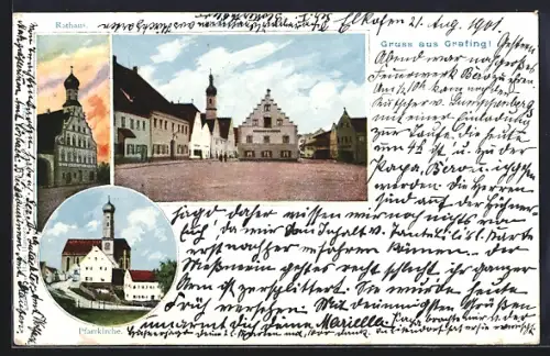 AK Grafing, Rathaus und Marktplatz, Pfarrkirche