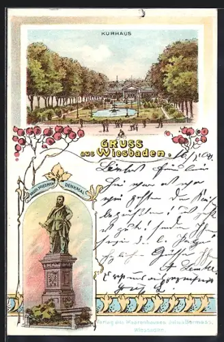 Lithographie Wiesbaden, Kaiser Friedrich Denkmal, Kurhaus mit Gartenanlage