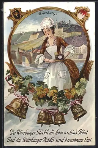 AK Würzburg, Mädchen in Trachten mit Wein, Glocken, Gedicht, Ortsansicht