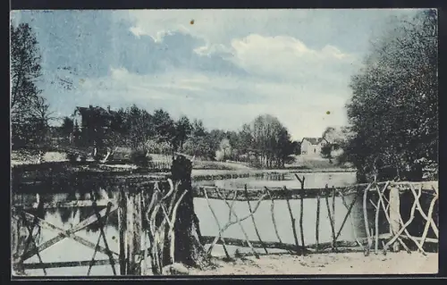 AK Strausberg, Gasthaus Schlagmühle B. Burmeister, Panorama vom Wasser aus