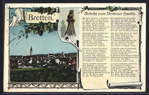 AK Bretten, Teilansicht mit Kirche, Gedicht vom Brettener Hundle
