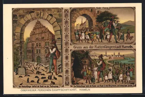 Künstler-AK Hameln, Der Rattenfänger befreit die Stadt von der Rattenplage