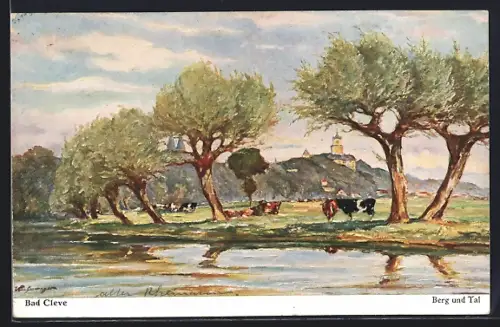 Künstler-AK Kleve / Niederrhein, Berg und Tal, Kühe auf der Wiese am Ortsrand