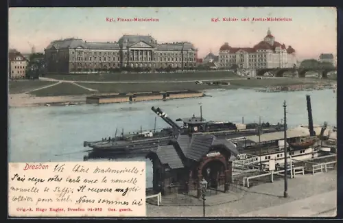 AK Dresden, Schiffsanlegestelle an der Elbe, Kgl. Finanz-Ministerium, Kgl. Kultus- und Ministerium