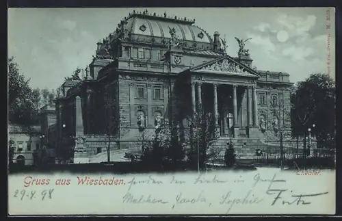 Mondschein-AK Wiesbaden, Theater mit Obelisk