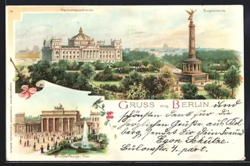 Lithographie Berlin-Tiergarten, Reichstagsgebäude mit Siegessäule, Brandenburger Tor