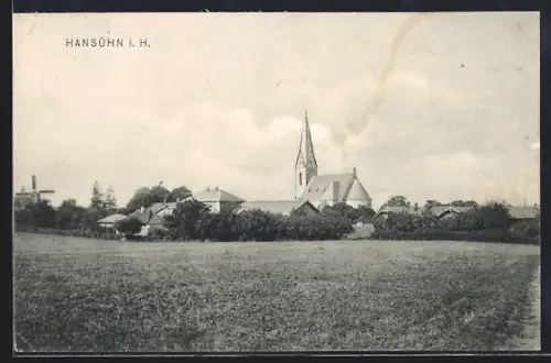 AK Hansühn i. H., Ortspanorama mit Kirche