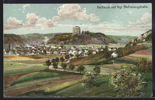 Künstler-AK Kelheim, Gesamtansicht mit Kgl. Befreiungshalle aus der Vogelschau