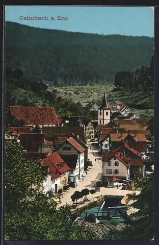 AK Calmbach / Enz, Ortspartie mit Kirchturm aus der Vogelschau