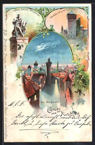 Lithographie Nürnberg, Der Burghof, Hans Sachs-Denkmal und Heidenturm