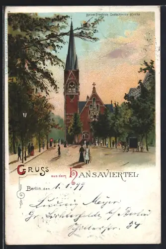 Lithographie Berlin-Tiergarten, Kaiser Friedrich Gedächtniss-Kirche im Hansaviertel