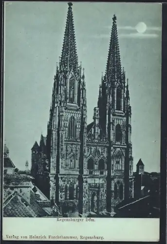 Mondschein-AK Regensburg, Dom aus der Vogelschau