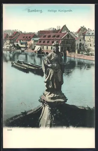AK Bamberg, Heilige Kunigunde, Turmfigur mit Stadtblick und Booten aus der Vogelschau