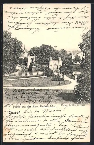 AK Cassel, Partie aus der Aue, Drahtbrücke